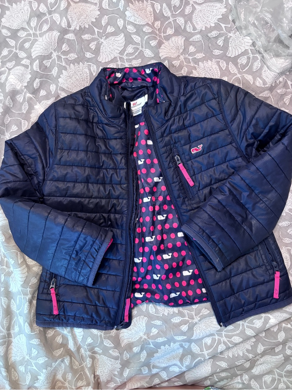 Vineyard Vines Navy Quilted Puffer Jacket with Pink Accents